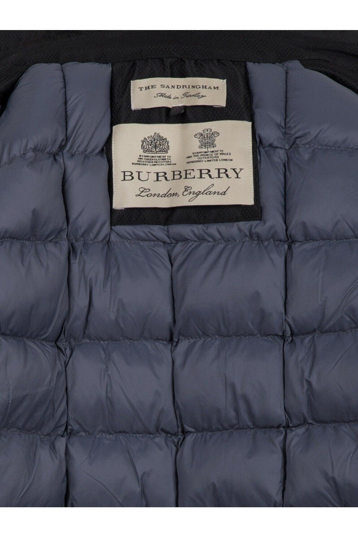 Close-up of a blue Burberry puffer jacket with The Sandringham label, made in Turkey.