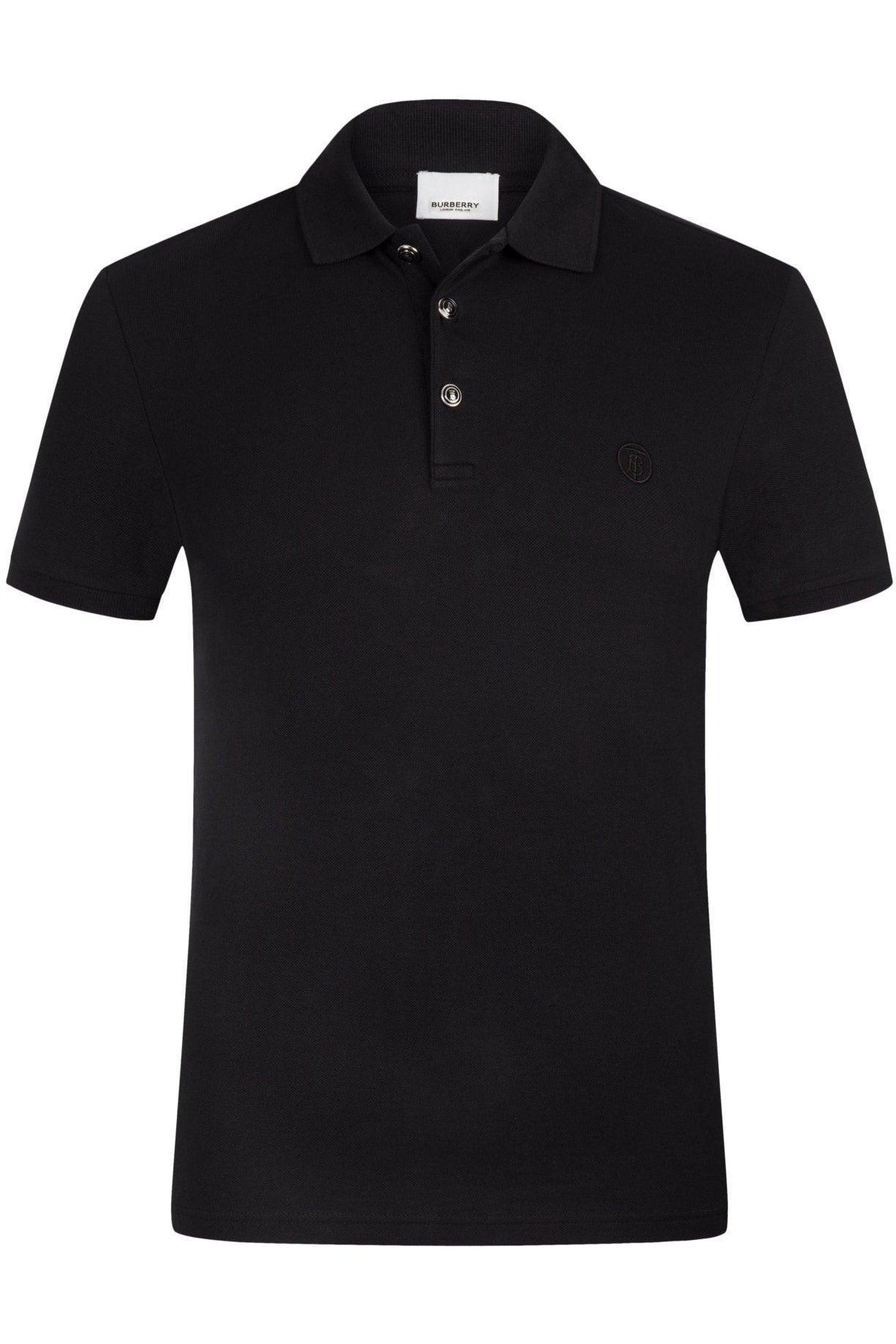 Black Burberry short-sleeve polo shirt with buttons and small embossed logo on chest