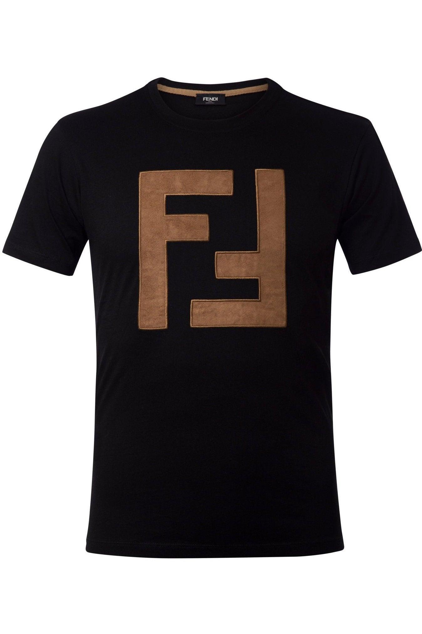 Black Fendi t-shirt with large brown F logo patch on front, short sleeves, crew neck