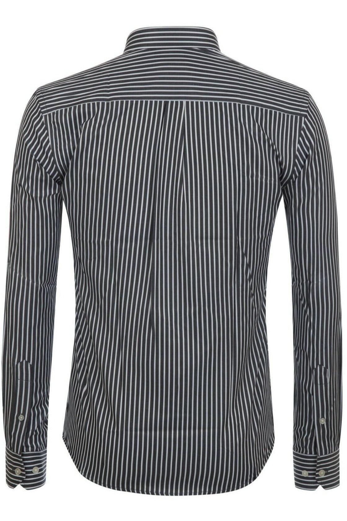 Back view of black and white vertical striped long-sleeve dress shirt with buttoned cuffs